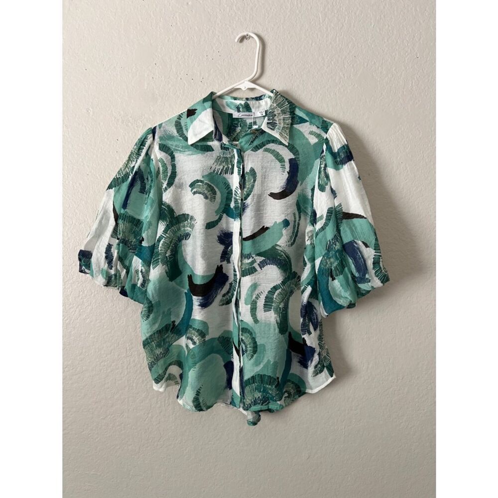 NWT Corraine Kenyan Blouse Green Abstract Button Down Bubble Sleeve in 14